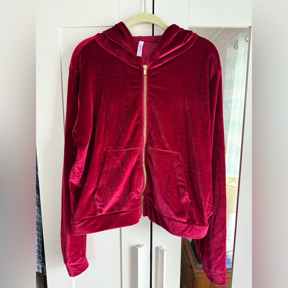 Fabletics Burgundy Velvet Hoodie with Gold Zipper